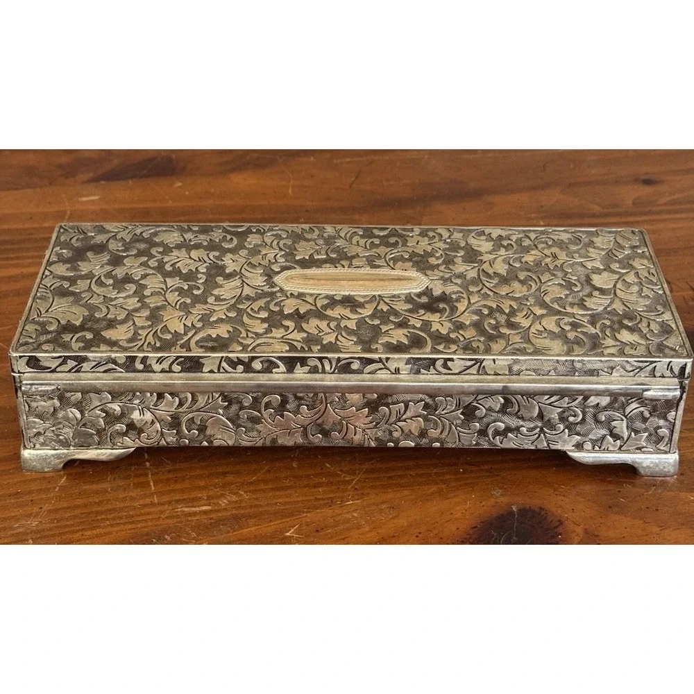 Vintage Jewelry Casket Silver Tone Floral Etched‎ Box w/ Red Velvet Lining Heavy